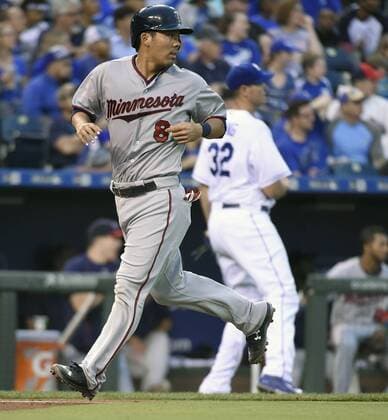July 2, 2015 - Kansas City, MO, USA - The Minnesota Twins Kurt Suzuki (8) scores past Kansas City Royals starting pitcher Chris Young (32) on a triple by Danny Santana in the fifth inning on Thursday, July 2, 2015, at Kauffman Stadium in Kansas City, Mo. Minnesota at Kansas City - ZUMAm67_