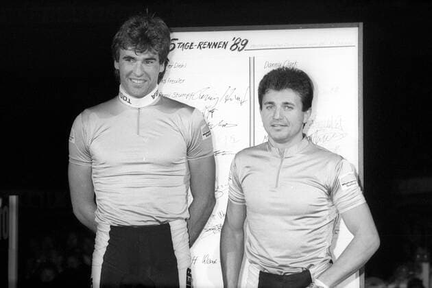 Dortmunder 6 Tage Rennen 1989, Remig Stumpf (BR Deutschland, li.) und Pierangelo Bincoletto (Italien)