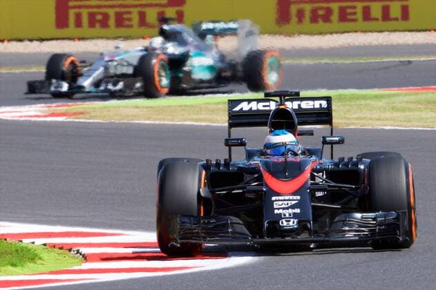 03.07.2015. Silverstone, Northants, England. Formula 1 British Grand Prix practice. Fernando Alonso, McLaren Honda, ahead of Lewis Hamilton, Mercedes AMG Petronas F1 Team. xTimxWilliamsx  ActionPlus11637169