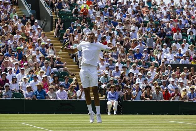 03.07.2015. Wimbledon, England. The Wimbledon Tennis Championships. Gentlemens Singles third round match between twenty sixth seed Nick Kyrgios (AUS) and seventh seed Milos Raonic (CAN). Nick Kyrgios celebrates winning the second set xCraigxMercerx  ActionPlus11637207
