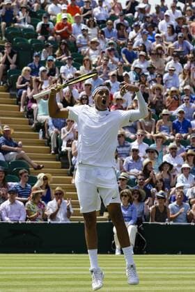 03.07.2015. Wimbledon, England. The Wimbledon Tennis Championships. Gentlemens Singles third round match between twenty sixth seed Nick Kyrgios (AUS) and seventh seed Milos Raonic (CAN). Nick Kyrgios celebrates winning the second set xCraigxMercerx  ActionPlus11637231