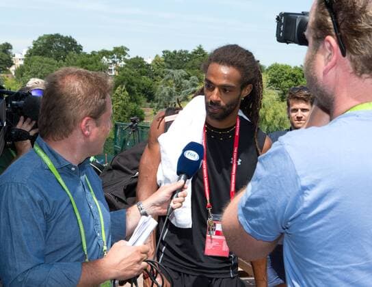 Dustin Brown (GER) gibt TV Interview nach seinem Training Tennis - Wimbledon 2015 - Grand Slam ITF ATP Tennis Herren WTA Tennis Damen - AELTC - London - - Great Britain - 3 July 2015. Juergen Hasenkopf