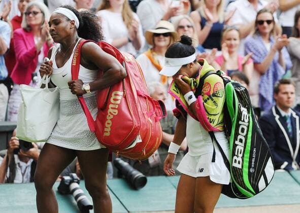 Tennis - 2015 Wimbledon Championships - Week One, Friday Women s Singles, Third Round Heather Watson (GBR) vs. Serena Williams (USA) Heather wipes a tear away as she walks off the court with Serena Williams on Centre Court COLORSPORT ANDREW COWIE 
