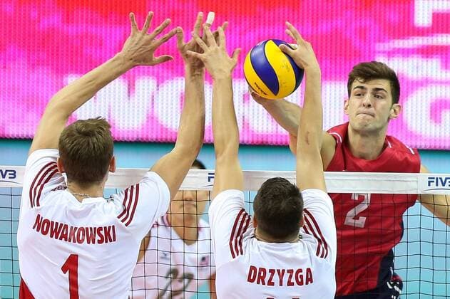 03.07.2015, Krakow, Aaron Russel (USA), Piotr Nowakowski (POL), Fabian Drzyzga (POL), Poland - USA, FIVB World League, volleyball ---  03072015toja32