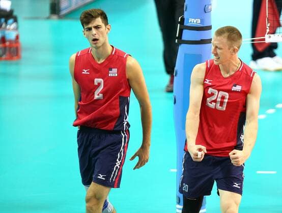 KRAKOW , POLAND TAURON ARENA 03.07.2015 VOLLEYBALL MEN 2015 FIVB WORLD LEAGUE INTERCONTINENTAL ROUND POOL B POLAND - USA AARON RUSSELL ( USA ) DAVID SMITH ( USA )  150703MIN011
