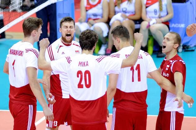03.07.2015 KRAKOW 2015 FIVB VOLLEYBALL WORLD LEAGUE 2015 POLAND - USA: MICHAL KUBIAK , MATEUSZ MIKA , FABIAN DRZYZGA , celebration  20150703CSMS0019