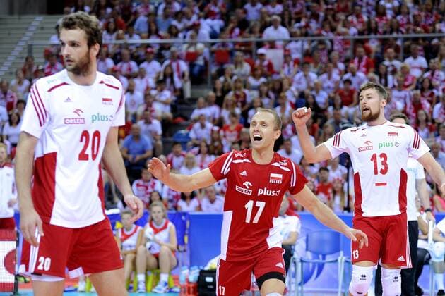 03.07.2015 KRAKOW 2015 FIVB VOLLEYBALL WORLD LEAGUE 2015 POLAND - USA: MATEUSZ MIKA , PAWEL ZATORSKI , MICHAL KUBIAK , celebration  20150703CSMS0021