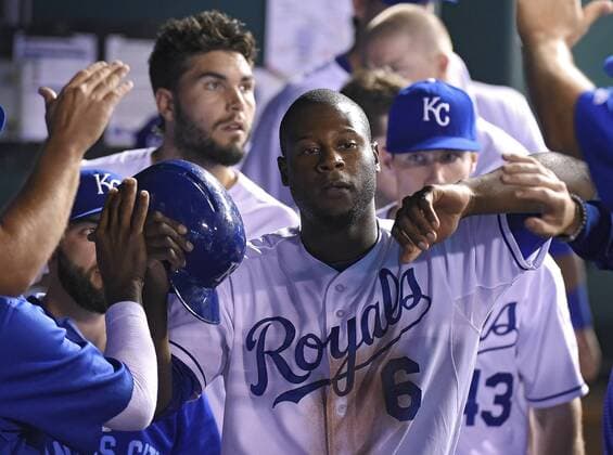 July 3, 2015 - Kansas City, MO, USA - The Kansas City Royals Lorenzo Cain (6) is greeted in the dugout after scoring on a single by Kendrys Morales in the eighth inning on Friday, July 3, 2015, at Kauffman Stadium in Kansas City, Mo. Minnesota at Kansas City - ZUMAm67_