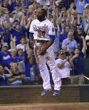 July 3, 2015 - Kansas City, MO, USA - The Kansas City Royals Lorenzo Cain celebrates after scoring the winning run in the 10th inning on a fielder s choice hit into by Jarrod Dyson against the Minnesota Twins on Friday, July 3, 2015, at Kauffman Stadium in Kansas City, Mo. The Royals won, 3-2, in 10 innings. Minnesota at Kansas City - ZUMAm67_