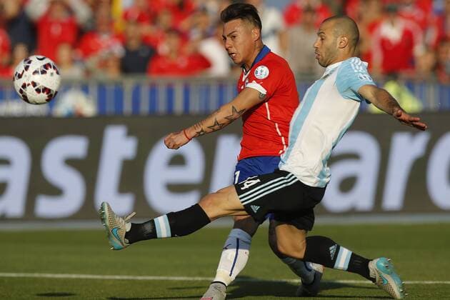 Football, Chile v Argentina Copa America 2015 . Chile s player Eduardo Vargas battles for the ball against Javier Mascherano of Argentina during the match of finals of the 2015 Copa America at Nacional stadium. Santiago, Chile. 04 07 2015 Marcelo Hernandez Photosport Chile v Argentina o00 Nationalteam , Copa America 2015. 