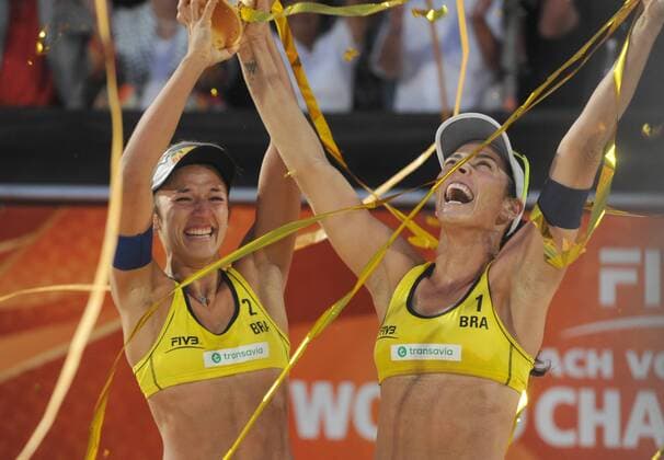 World Championships Beach volleyball Beachvolleyball 2015 The Netherlands World Championships Beach Volleyball 2015 The Hague The Netherlands 4th July 2015 The final of the womens competition is an all Brazilian affair with Agatha Bednarczuk and Barbara Seixas De Freitas beating compatriots Taiana Lima and Fernanda Alves. Barbara and Agatha enjoy their victory. 