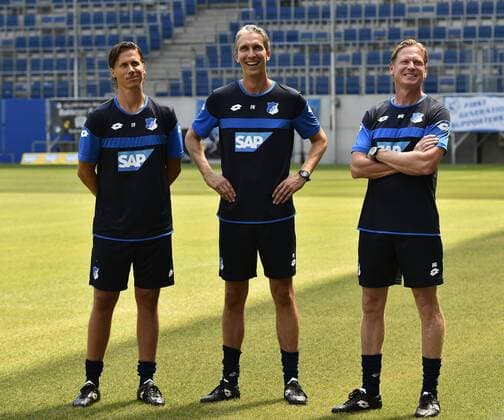 Trainer Markus Gisdol TSG 1899 Hoffenheim (rechts) mit Co-Trainer Frank Kaspari TSG 1899 Hoffenheim (Mitte) und Co-Trainer Frank Fröhling TSG 1899 Hoffenheim (links) Trainerteam Trainingsauftakt TSG 1899 Hoffenheim öffentliches Training in neuen Trikots Fußball Herren GER 1. Bundesliga Saison 2015 2016 Sinsheim-Hoffenheim Wirsol Rhein-Neckar-Arena 05.07.2015 TSG 1899 Hoffenheim öffentliches Training in neuen Trikots