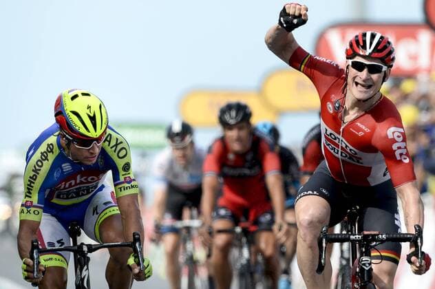 - NEELTJE JANS, NETHERLANDS: Slovakian Peter Sagan of Tinkoff-Saxo and German Andre Greipel of Lotto - Soudal pictured in action during stage 1 of the 102nd edition of the Tour de France cycling race, 166km from Utrecht to Neeltje Jans, Zeeland, The Netherlands, Sunday 05 July 2015. This year s Tour de France is taking place from 4 to 26 July. DIRKxWAEM  x04658099x