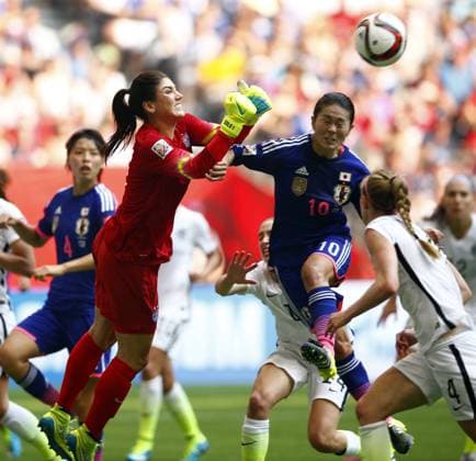 Aktuell Fußball, Damen WM, Finale, USA - Japan (150706) -- VANCOUVER, July 6, 2015 -- Hope Solo (TOP L), goalkeeper of the United States, vies with Japan s Sawa Homare (TOP R) during the final at the 2015 FIFA Women s World Cup in Vancouver, Canada on July 5, 2015. ) (SP)CANADA-VANCOUVER-FIFA WOMEN S WORLD CUP-FINAL-USA VS JPN DingxXu 