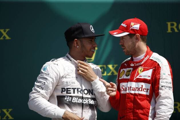 British Grand Prix, Silverstone 2 - 5 July 2015 05.07.2015- Race, 1st position Lewis Hamilton (GBR) Mercedes AMG F1 W06 and 3rd position Sebastian Vettel (GER) Scuderia Ferrari SF15-T 