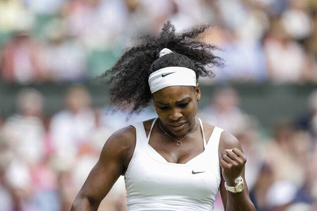 06.07.2015. Wimbledon, England. The Wimbledon Tennis Championships. Ladies Singles fourth round match between top seed Serena Williams (USA) and sixteenth seed Venus Williams (USA). Serena Williams celebrates xCraigxMercerx  ActionPlus11638280