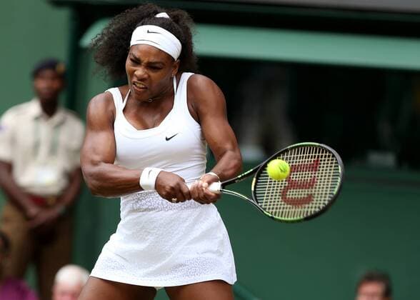 (150706) -- LONDON, July 6, 2015 -- Serena Williams of the United States competes during her women s singles fourth round match against her sister Venus Williams at the 2015 Wimbledon Championships at the All England Tennis Club in Wimbledon, southwest London, Britain on July 6, 2015. Serena Williams won 2-0. ) (SP)UK-LONDON-TENNIS-WIMBLEDON-DAY 7 HanxYan 