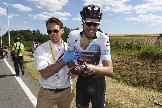 DUMOULIN Tom of Team Giant - Alpecin, victim of the crash during the stage 3 of the 102nd edition of the Tour de France 2015 with start in Antwerp and finish in Huy, Belgium (159 kms) CYCLISME : Tour de France - Etape 3 - Anvers Huy - 06 07 2015 PhotoNews Panoramic 