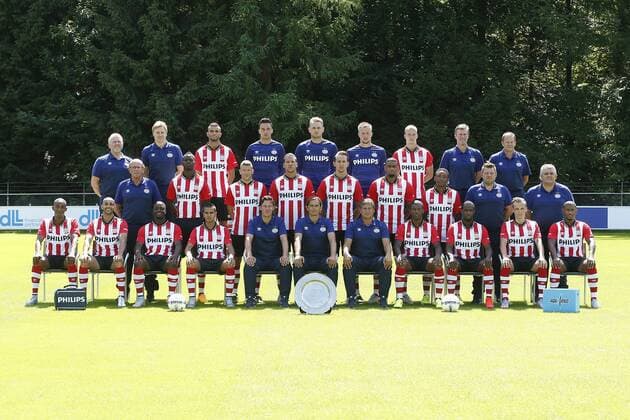 (TOP ROW L-R), Verzorger Eddy Pepels, Clubarts Rolf Timmermans, Rai Vloet, Luuk Koopmans, Jeroen Zoet, Remko Pasveer, Jorrit Hendrix, Fysieke trainer Egid Kiesouw, Fysiotherapeut Rob Ouderland, (MIDDLE ROW L-R), Teammanager Mart van den Heuvel, Nicolas Isimat-Mirin, Stijn Schaars, Jeffrey Bruma, Luuk de Jong, Jurgen Locadia, Steven Bergwijn, Materiaalverzorger Marcel Hover, Materiaalverzorger Adri van Dooren, (FRONT ROW L-R), Joshua Brenet, Simon Poulsen, Jetro Willems, Adam Maher, Assistant trainer Chris van der Weerden, Coach Phillip Cocu, Assistant trainer Ruud Brood, Georginio Wijnaldum, Florian Jozefzoon, Marcel Ritzmaier, Luciano Narshingh during the team presentation of PSV Eindhoven on July 6, 2015 at the Herdgang in Eindhoven, The Netherlands. Photocall PSV Eindhoven Dutch Eredivisie 2015 2016 xVIxxIVx 4070732