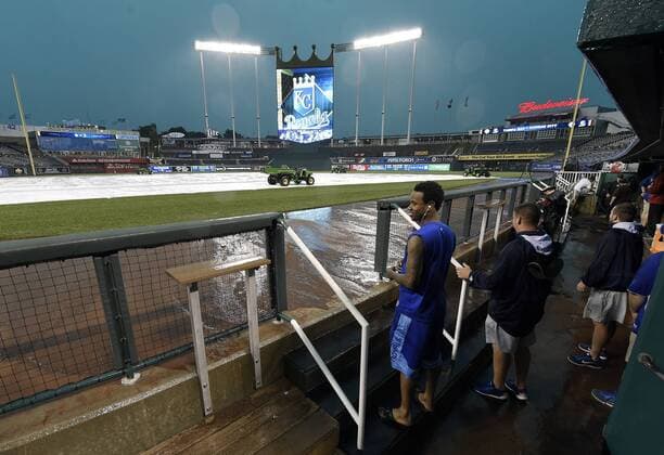 July 6, 2015 - Kansas City, MO, USA - Kansas City Royals starting pitcher Yordano Ventura (30) looks over the rain-soaked field and warning track during a break in the storm on Monday, July 6, 2015, at Kauffman Stadium in Kansas City, Mo. Tampa Bay Rays at Kansas City Royals game rained out - ZUMAm67_