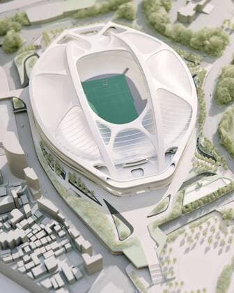 Costly Olympic stadium construction approved Photo taken July 7, 2015, shows a model of Japan s new national stadium -- the main venue for the 2020 Tokyo Olympics and Rugby World Cup 2019. Its 252 billion yen construction costs were approved on the day. The Japan Sports Council hopes it can start the construction in October. 