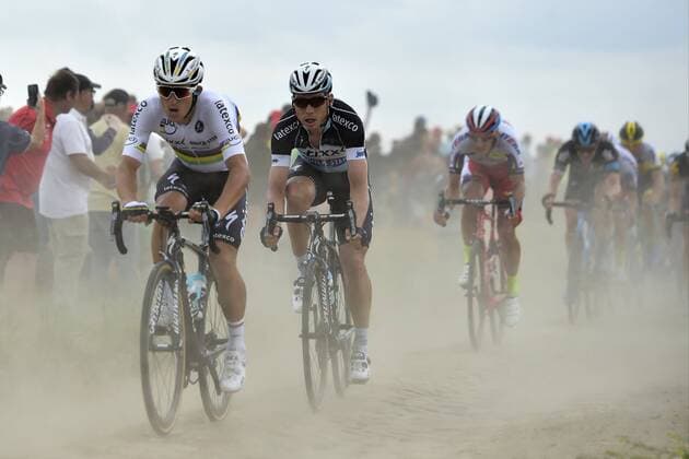 KWIATKOWSKI Michal of Etixx - Quick Step in front of MARTIN Tony of Etixx - Quick Step on the cobblestones during the stage 4 of the 102nd edition of the Tour de France 2015 with start in Seraing and finish in Cambrai, France (223 kms) CYCLISME : Tour de France - Etape 4 - Seraing Cambrai - 07 07 2015 PhotoNews Panoramic 
