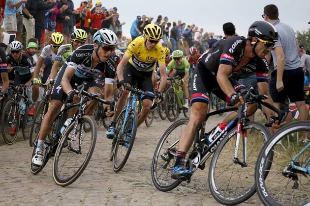 - CAMBRAI, FRANCE: Spanish Alberto Contador of Tinkoff-Saxo, German Tony Martin of team Ettix - Quick-Step, British Chris Froome of Team Sky and German John Degenkolb of Team Giant-Alpecin pictured in action on the cobblestones during stage 4 of the 102nd edition of the Tour de France cycling race, 223,5km from Seraing, Belgium, to Cambrai, France, Tuesday 07 July 2015. This year s Tour de France is taking place from 4 to 26 July. YUZURUxSUNADA  x04660251x