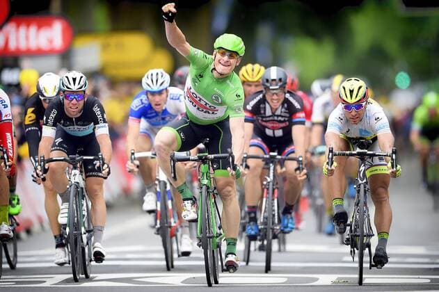 - AMIENS, FRANCE: German Andre Greipel of Lotto - Soudal (C) wins before 47 Slovakian Peter Sagan of Tinkoff-Saxo (R) and British Mark Cavendish of team Ettix - Quick-Step (L) the sprint at the finish of stage 5 of the 102nd edition of the Tour de France cycling race, 189,5 km from Arras to Amiens, France, Wednesday 08 July 2015. This year s Tour de France is taking place from 4 to 26 July. YORICKxJANSENS  x04660539x