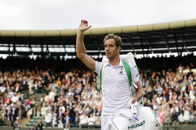 08.07.2015. Wimbledon, England. The Wimbledon Tennis Championships. Gentlemens Singles quarter final match between fourth seed Stan Wawrinka (SUI) and twenty first seed Richard Gasquet (FRA). Richard Gasquet celebrates his five set victory xCraigxMercerx  ActionPlus11638809