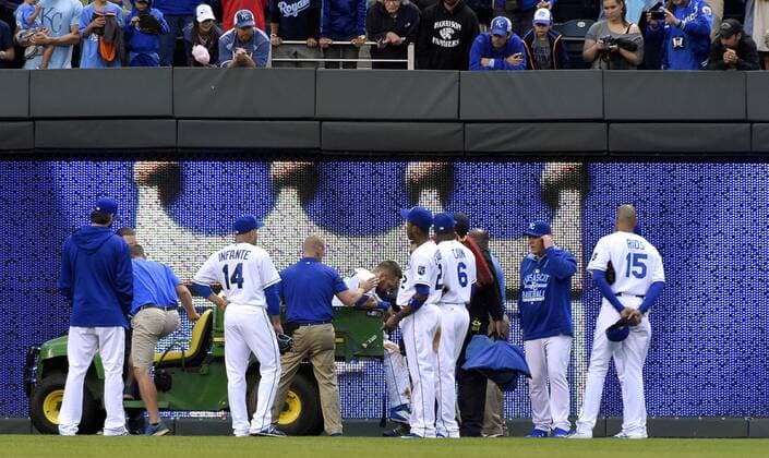 July 8, 2015 - Kansas City, MO, USA - Kansas City Royals left fielder Alex Gordon is taken off the field on a cart after being injured chasing an inside the park home run by the Tampa Bay Rays Logan Forsythe in the fourth inning on Wednesday, July 8, 2015, at Kauffman Stadium in Kansas City, Mo. Tampa Bay at Kansas City - ZUMAm67_