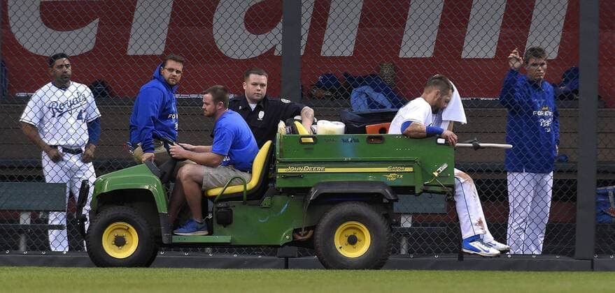 July 8, 2015 - Kansas City, MO, USA - Kansas City Royals left fielder Alex Gordon is taken off the field on a cart after being injured chasing an inside the park home run by the Tampa Bay Rays Logan Forsythe in the fourth inning on Wednesday, July 8, 2015, at Kauffman Stadium in Kansas City, Mo. Tampa Bay at Kansas City - ZUMAm67_