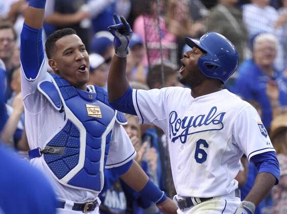 July 8, 2015 - Kansas City, MO, USA - The Kansas City Royals Lorenzo Cain (6) and Salvador Perez celebrate Cain s two-run home run in the third inning against the Tampa Bay Rays on Wednesday, July 8, 2015, at Kauffman Stadium in Kansas City, Mo. Tampa Bay at Kansas City - ZUMAm67_