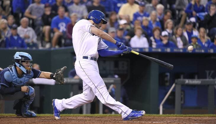 July 8, 2015 - Kansas City, MO, USA - The Kansas City Royals Eric Hosmer connects on an RBI single in the fifth inning against the Tampa Bay Rays on Wednesday, July 8, 2015, at Kauffman Stadium in Kansas City, Mo. Tampa Bay at Kansas City - ZUMAm67_