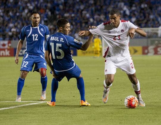 July 8, 2015 - Carson, California, U.S - Raul Renders 15 of El Salvador holds Tesho Akindele 23 during their Gold Cup game with Canada at StubHub Center in Carson, California, on Wednesday July 8, 2015. El Salvador vs. Canada - ZUMAp124