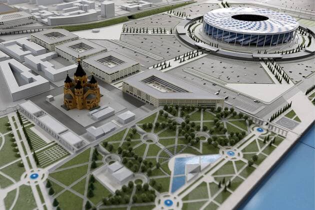 NIZHNY NOVGOROD, RUSSIA. JULY 10, 2015. A scale model of the Nizhny Novgorod Stadium, a venue for 2018 FIFA World Cup WM Weltmeisterschaft Fussball matches, that is currently under construction. Sergei Fadeichev TASS  TS007744