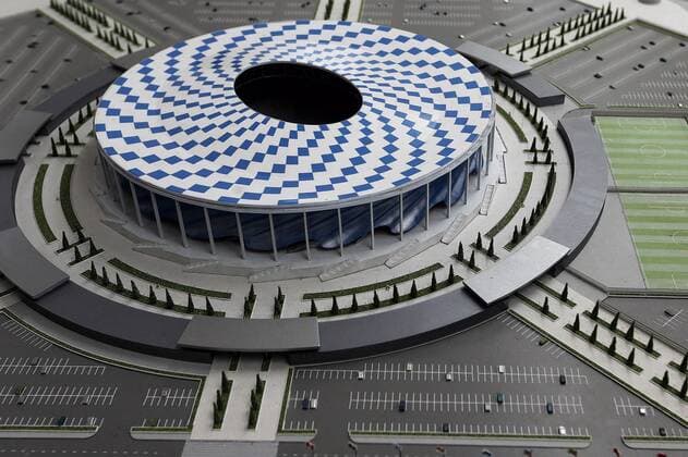 NIZHNY NOVGOROD, RUSSIA. JULY 10, 2015. A scale model of the Nizhny Novgorod Stadium, a venue for 2018 FIFA World Cup WM Weltmeisterschaft Fussball matches, that is currently under construction. Sergei Fadeichev TASS  TS007745
