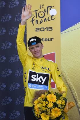 - MUR DE BRETAGNE, FRANCE: British Chris Froome of Team Sky celebrates on the podium in the yellow jersey of leader in the overall ranking after stage 8 of the 102nd edition of the Tour de France cycling race, 181,5 km from Rennes to Mur de Bretagne, France, Saturday 11 July 2015. This year s Tour de France is taking place from 4 to 26 July. DIRKxWAEM  x04662438x