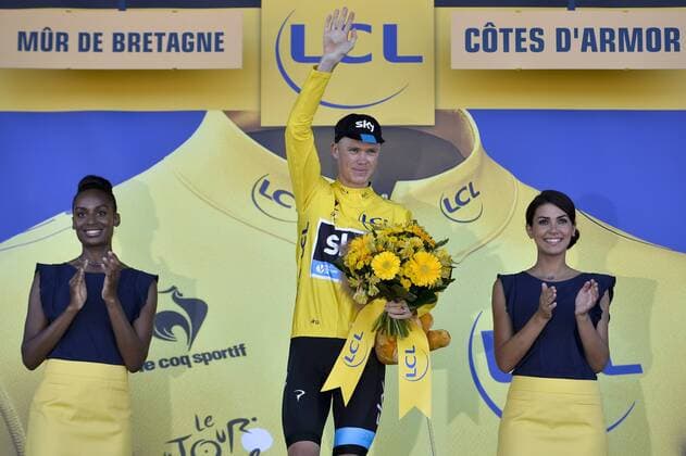 - MUR DE BRETAGNE, FRANCE: British Chris Froome of Team Sky celebrates on the podium in the yellow jersey of leader in the overall ranking after stage 8 of the 102nd edition of the Tour de France cycling race, 181,5 km from Rennes to Mur de Bretagne, France, Saturday 11 July 2015. This year s Tour de France is taking place from 4 to 26 July. DIRKxWAEM  x04662440x