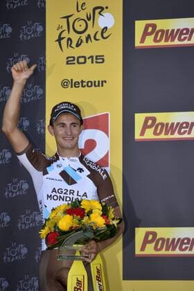 - MUR DE BRETAGNE, FRANCE: French Alexis Vuillermoz of AG2R La Mondiale celebrates on the podium after stage 8 of the 102nd edition of the Tour de France cycling race, 181,5 km from Rennes to Mur de Bretagne, France, Saturday 11 July 2015. This year s Tour de France is taking place from 4 to 26 July. DIRKxWAEM  x04662446x