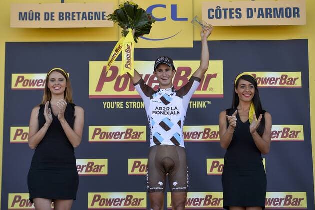 - MUR DE BRETAGNE, FRANCE: French Alexis Vuillermoz of AG2R La Mondiale celebrates on the podium after stage 8 of the 102nd edition of the Tour de France cycling race, 181,5 km from Rennes to Mur de Bretagne, France, Saturday 11 July 2015. This year s Tour de France is taking place from 4 to 26 July. DIRKxWAEM  x04662447x