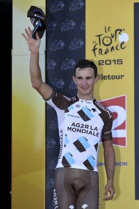 - MUR DE BRETAGNE, FRANCE: French Alexis Vuillermoz of AG2R La Mondiale celebrates on the podium after stage 8 of the 102nd edition of the Tour de France cycling race, 181,5 km from Rennes to Mur de Bretagne, France, Saturday 11 July 2015. This year s Tour de France is taking place from 4 to 26 July. DIRKxWAEM  x04662448x