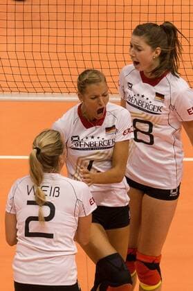 2015 FIVB Volleyball World Grand Prix Sao PAULO, Brazil - 12 07 2015: 2015 FIVB VOLLEYBALL WORLD GRAND PRIX - German Female players celebrate point during the match between Brazil vs Germany, valid for the 2015 FIVB Volleyball World Grand Prix, held at the Ibirapuera Gymnasium. (Photo: Marcelo Machado de Melo FotoArena)  MarceloxMachadoxdexMelo