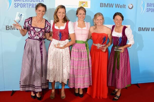 Bayerischer Sportpreis 2015. Von links nach rechts: Franziska Hildebrand, Vanessa Hinz, Magdalena Neuner, Franziska Preuss, Laura Dahlmeier - alle Biathlon