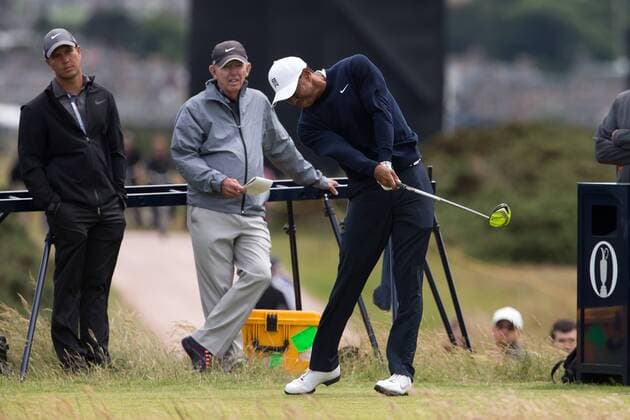 12.07.2015 The Old Course, St Andrews, Fife, Scotland Tiger Woods watched by coach Chris Como on the 6th tee during practise round for the 144th Open Golf Championship. xDavidxBlunsdenx  ActionPlus11640404
