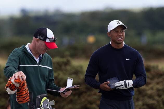 12.07.2015 The Old Course, St Andrews, Fife, Scotland. Practise day 1 for The Open Championship. Tiger Woods and caddie Joe La Cava study yardage xDavidxBlunsdenx  ActionPlus11640406