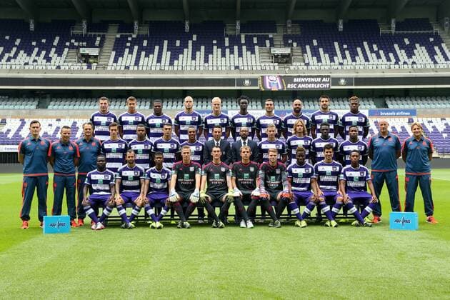 - BRUSSELS, BELGIUM: (Back Row L-R), Michael Heylen, Leander Dendoncker, Chancel Mbemba, Bram Nuytinck, Olivier Deschacht, Idrissa Sylla , Ivan Obradovic, Anthony Vanden Borre, Alexandar Mitrovic, Aaron Leya Iseka, (Middle Row L-R) physical trainer Jurgen Seegers, assistant coach Mohamed Ouahbi, analyst Bart Meert, Herve Matthys, Nathan De Medina, Matias Suarez, Youri Tielemans, head coach Besnik Hasi, team manager Gunther Van Handenhoven, Dennis Praet, Guillaume Gillet, Fabrice N Sakala, Anderlecht s Andy Kawaya, assistant coach Geert Emmerechts, (Back Row L-R) Frank Acheampong, Steven Defour, Ibrahima Conte, Thomas Kaminski, goalkeeper Silvio Proto, goalkeeper Davy Roef, goalkeeper Liam Bossin, Nathan Kabasele, Maxime Colin and Samuel Bastien pose for the photographer during the 2015-2016 season photo shoot of Belgian first league soccer team RSC Anderlecht, Tuesday 14 July 2015 in Brussels. VIRGINIExLEFOUR  x04663847x