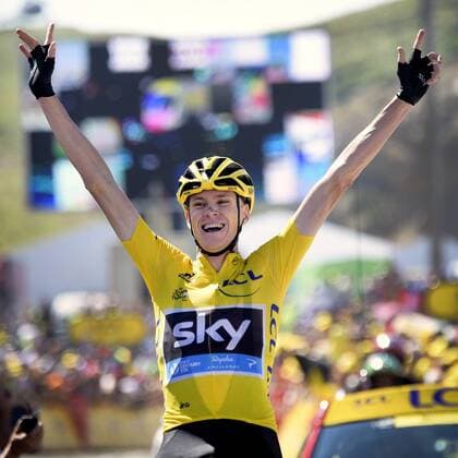 - LA PIERRE SAINT-MARTIN, FRANCE: British Chris Froome of Team Sky celebrates as he crosses the finish line to win stage 10 of the 2015 edition of the Tour de France cycling race, 167 km from Tarbes to La Pierre Saint-Martin, France, Tuesday 14 July 2015. This year s Tour de France is taking place from 4 to 26 July. YORICKxJANSENS  x04664076x