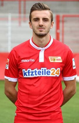 Adrian Nikci Einzelbild Portrait Portraet Porträt Hochformat Oberkoerper Oberkörper Fußball Fussball zweite 2. Bundesliga Fototermin Porträttermin DFL 2015 2016 Saison 2015 2016 15.07.2015 1. FC Union Berlin Stadion an der Alten Foersterei Försterei