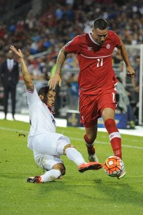 July 14, 2015: Canada F Marcus Haber (11) and Costa Rica D Christian Gamboa (16) in action during the CONCACAF Gold Cup game between Canada and Costa Rica at BMO Field in Toronto, Ont. SOCCER: JUL 14 CONCACAF Gold Cup - Group Stage - Canada v Costa Rica Icon15071415 EDITORIAL USE ONLY