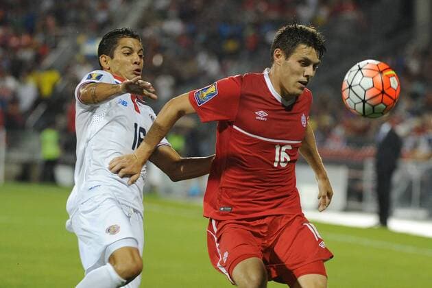 July 14, 2015: Canada MF Maxim Tissot (16) and Costa Rica D Christian Gamboa (16) in action during the CONCACAF Gold Cup game between Canada and Costa Rica at BMO Field in Toronto, Ont. SOCCER: JUL 14 CONCACAF Gold Cup - Group Stage - Canada v Costa Rica Icon15071420 EDITORIAL USE ONLY